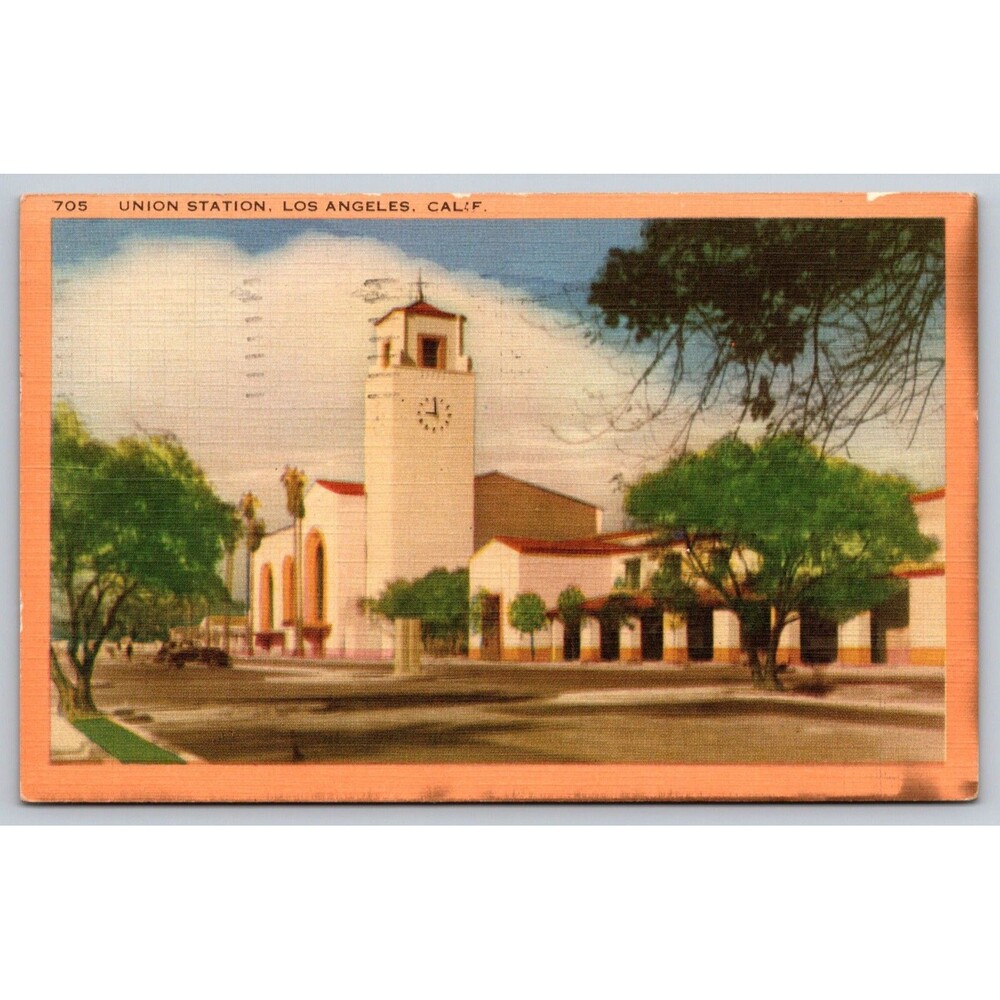 1950 Los Angeles Union Station CA Linen Postcard Longshaw 705 Gardena Postmark